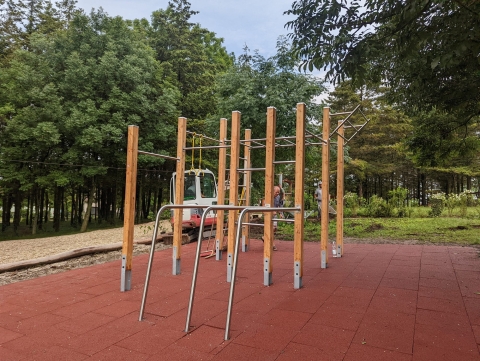 Calisthenics Fitnessanlage auf Fallschutzplatten im Wald gebaut