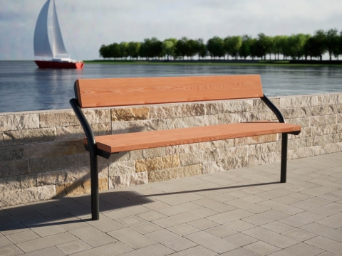 Bench with backrest and armrest made out of metal and wood