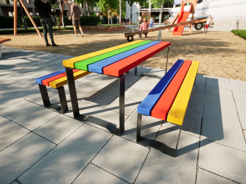 Bänke und Tische in bunten Farben und in Anthrazit für Kinder am Spielplatz