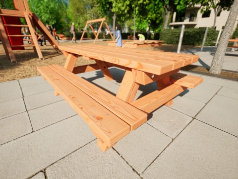 Nahaufnahme eines Picknicktisches aus Holz für Kinder